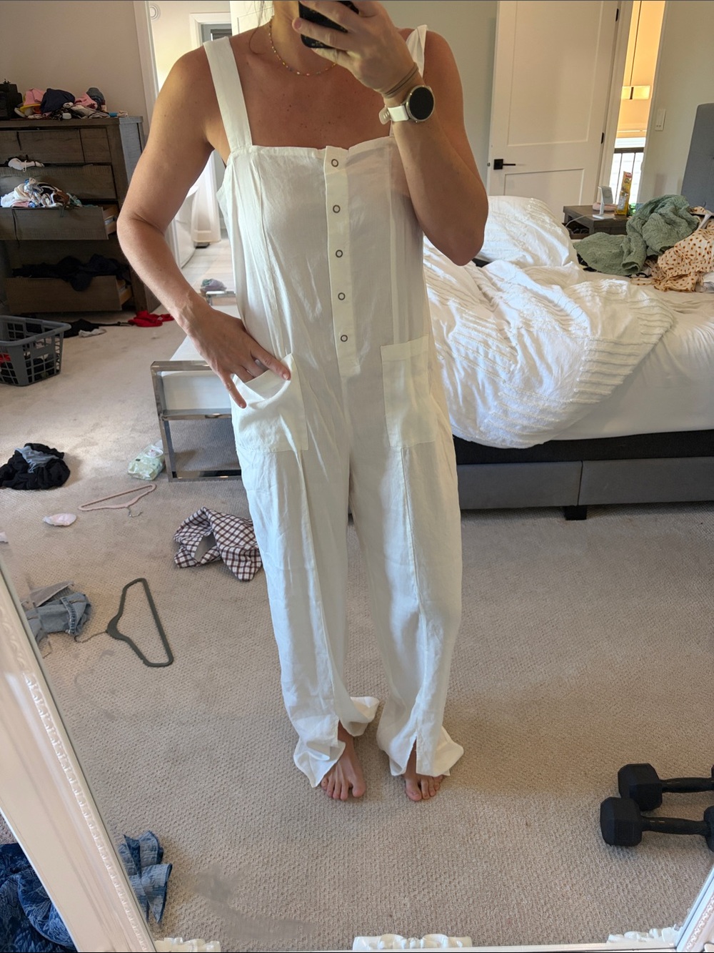 White Button-Front Linen Jumpsuit
